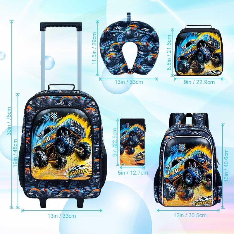 FTJCF Store 5Pcs Kids Suitcase for Boys, 18" Truck Toddler Carry on Luggage with Wheels, Cool Travel Rolling Set(Black) - Image 3